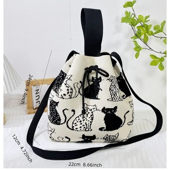 Black White Cat Bucket Bag Shoulder Crossbody Knit Drawstring - Picture 8 of 11
